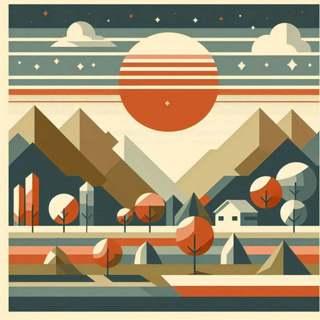 Landscape with mountains and trees in retro style. Vector illustration.のイラスト素材