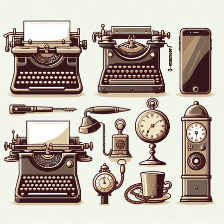Vintage typewriter, phone and clock icons set. Vector illustrationのイラスト素材