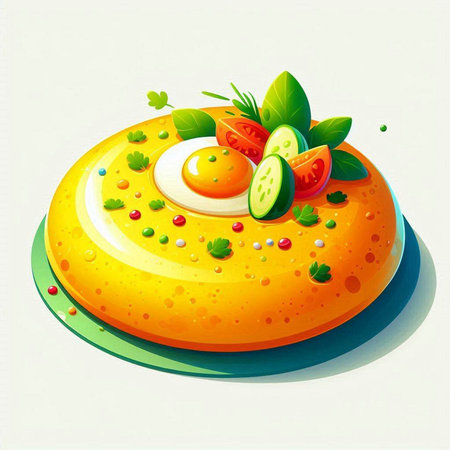Illustration of a cake with eggs and fresh vegetables on a white backgroundのイラスト素材