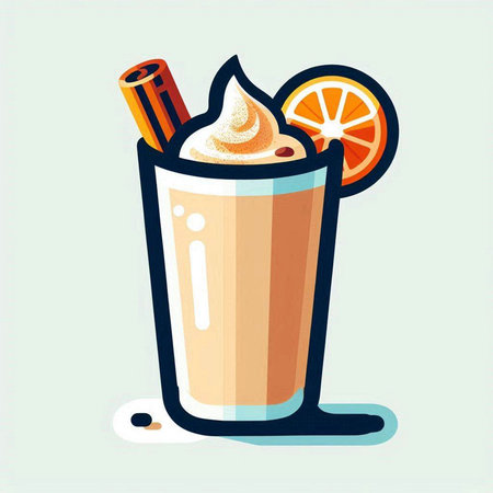 Vector illustration of a glass of coffee with whipped cream, cinnamon and orange.のイラスト素材
