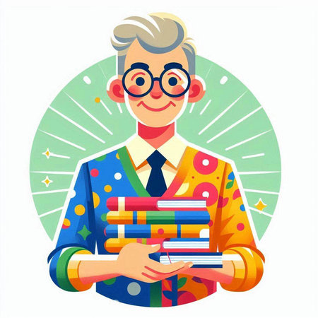 Vector illustration of a teacher holding a pile of books in his handsのイラスト素材