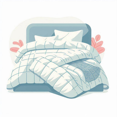 Illustration of a bed with pillows and a blanket on a white backgroundのイラスト素材