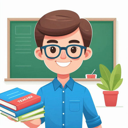 Teacher with books in front of blackboard. Vector illustration.のイラスト素材