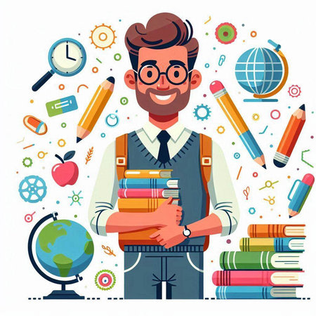 Teacher with books and school supplies. Vector illustration in cartoon styleのイラスト素材