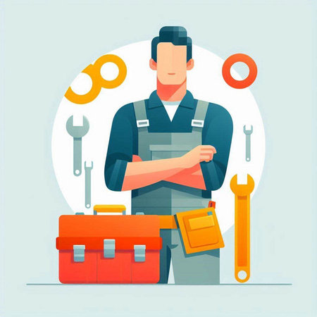 Mechanic in uniform with tools. Vector illustration in flat style.のイラスト素材
