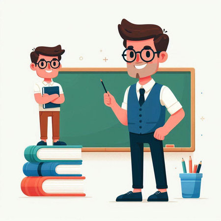 Teacher and student at the blackboard. Vector illustration in cartoon styleのイラスト素材