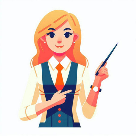 Business woman holding a pointer and pointing at it. Vector illustration.のイラスト素材