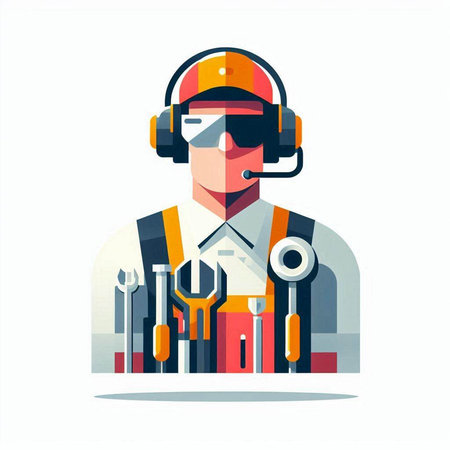Repairman in headphones with tools. Vector illustration in flat styleのイラスト素材