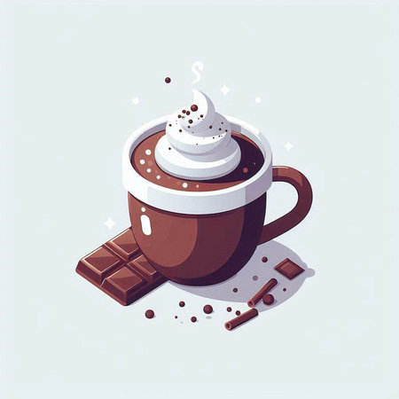Cup of hot chocolate with whipped cream and chocolate pieces. Vector illustration.のイラスト素材