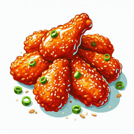 Illustration of fried chicken wings with sesame seeds and green onionのイラスト素材