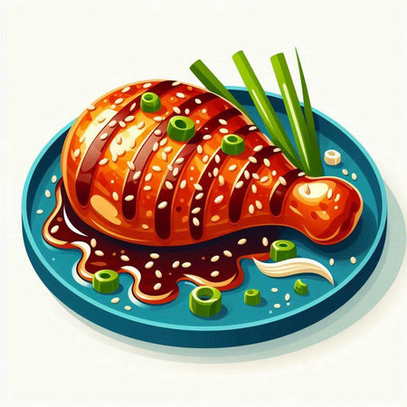 Illustration of a piece of grilled pork on a blue plate.のイラスト素材