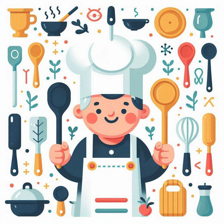 Cute cartoon boy chef cook with kitchen utensils. Vector illustrationのイラスト素材