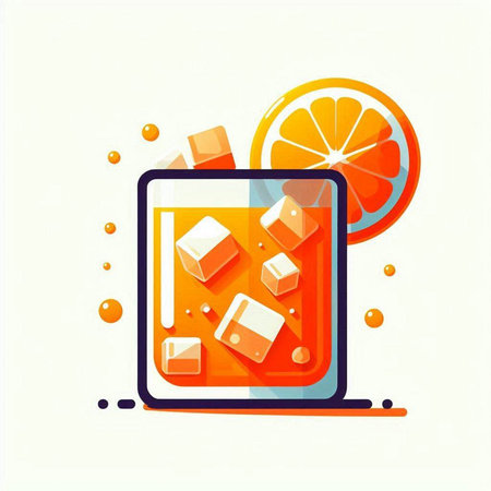 Orange juice in a glass with ice cubes and orange slices. Vector illustration.のイラスト素材