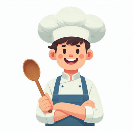 Chef boy in uniform and hat holding wooden spoon. Vector illustrationのイラスト素材