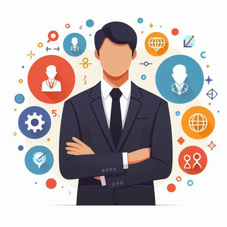 Businessman with colorful icons around him. Vector illustration in flat styleのイラスト素材