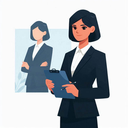 Businesswoman with clipboard and businesswoman in office. Vector illustration.のイラスト素材