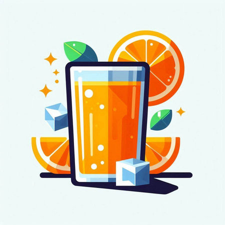 Orange juice in a glass with ice cubes. Vector illustration in flat style.のイラスト素材