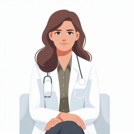 Young female doctor in white coat sitting on chair and looking at camera. Vector illustration.のイラスト素材