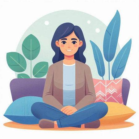 Woman sitting in lotus position on sofa. Cartoon vector illustration.のイラスト素材