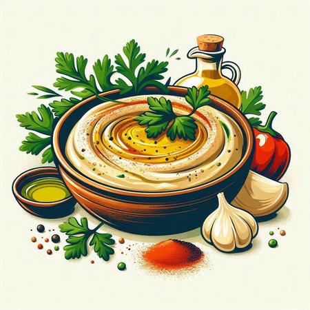 Bowl of hummus with herbs and spices. Vector illustration.のイラスト素材