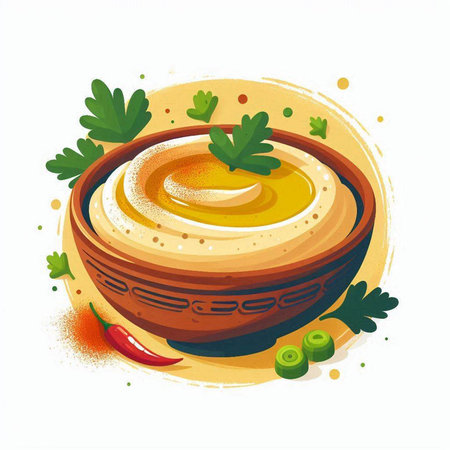 Hummus in a bowl with parsley. Vector illustration.のイラスト素材