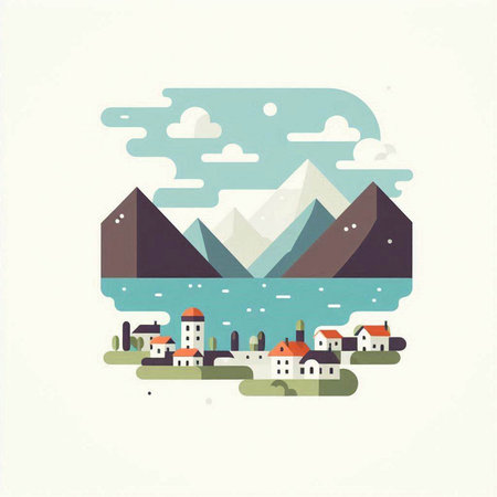 Mountain landscape. Vector illustration in flat style. Landscape with mountains and houses.のイラスト素材