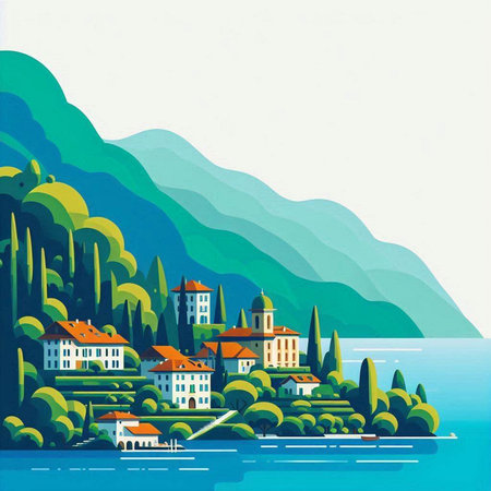 Village on the shore of Lake Garda, Italy. Vector illustrationのイラスト素材