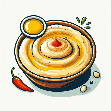Bowl of hummus with paprika and olive oil. Vector illustration.のイラスト素材
