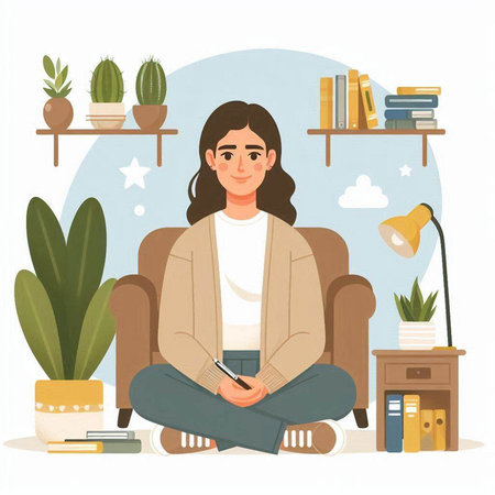 Young woman sitting on the floor in the living room. Vector illustrationのイラスト素材