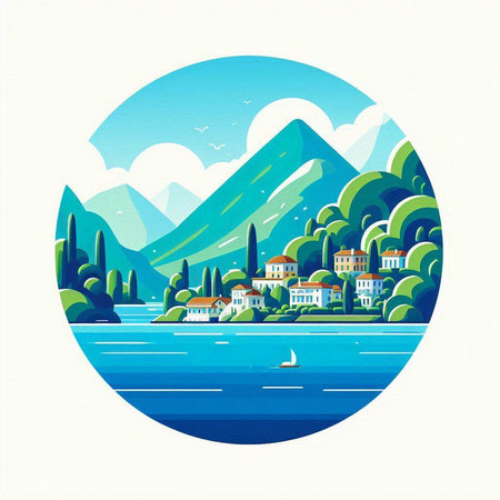 Landscape with mountains, lake and houses in retro style. Vector illustration.のイラスト素材