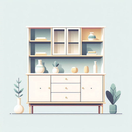 Illustration of a shelf with books, vases and plants.のイラスト素材