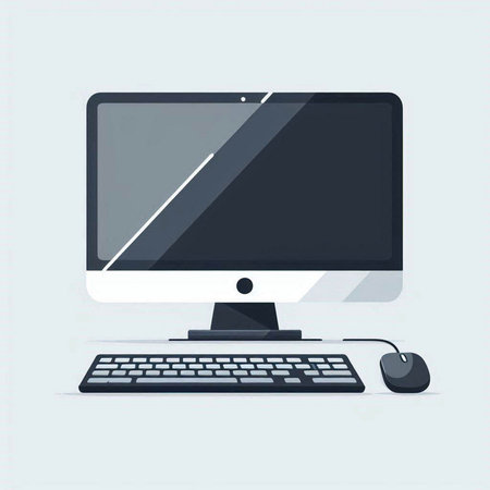 Computer screen with keyboard and mouse. Vector illustration in flat style.のイラスト素材