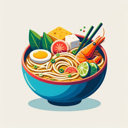Noodles in a bowl with chopsticks and vegetables. Vector illustration.のイラスト素材