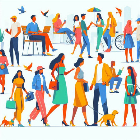 Group of people on the street. Vector illustration in flat style.のイラスト素材