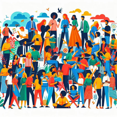 People crowd. Crowd of different people standing in line. Crowd of young men and women. Vector illustrationのイラスト素材