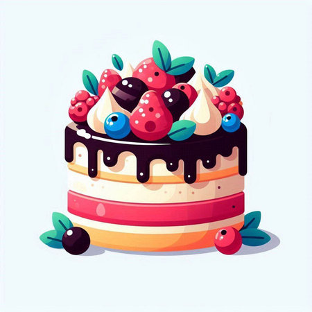 Piece of cake with berries. Vector illustration in cartoon style.のイラスト素材