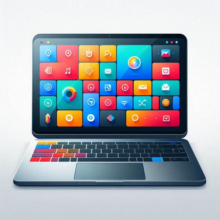 Laptop with colorful application icons on the screen, 3d renderのイラスト素材