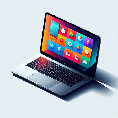 Laptop with colorful application icons on the screen. Vector illustration.のイラスト素材