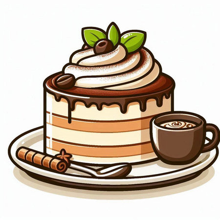 Illustration of a cup of coffee with a cake on a plateのイラスト素材