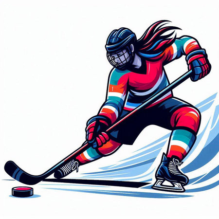 Hockey player with the stick and puck on the ice. Vector illustration.のイラスト素材
