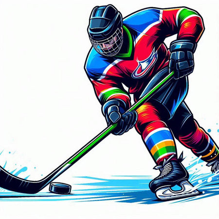 Ice hockey player with the stick and puck. Vector color illustration.のイラスト素材