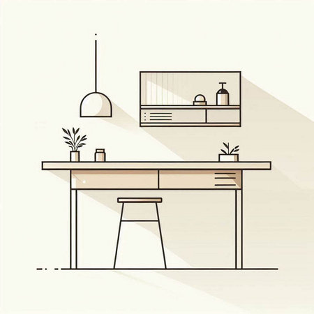 Interior of a modern kitchen in linear style. Vector illustration.のイラスト素材