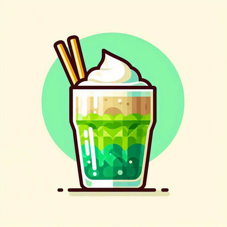 Iced green tea with whipped cream in glass. Vector illustration.のイラスト素材