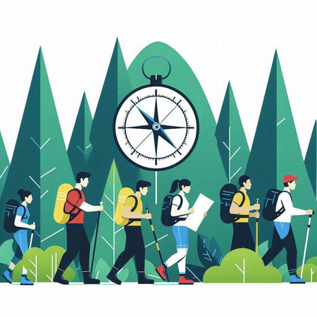 Vector illustration of tourists with backpacks and compass in the forest.のイラスト素材