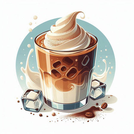 Iced coffee with whipped cream and ice cubes, vector illustration.のイラスト素材