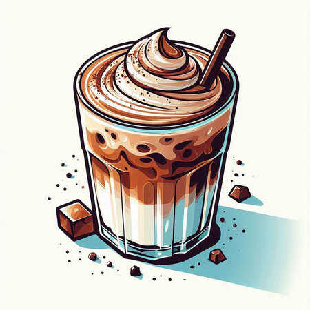 Iced coffee with whipped cream in a glass. Vector illustration.のイラスト素材