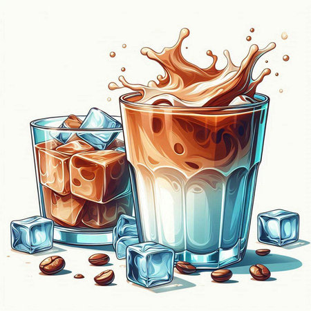 Coffee splash in glass with ice cubes. Vector illustration.のイラスト素材