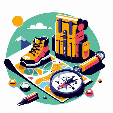 Vector illustration of a map with a compass, sneakers, backpack, map and other items.のイラスト素材