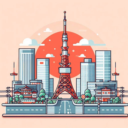 Tokyo city skyline. Vector illustration in flat design style. Japan.のイラスト素材
