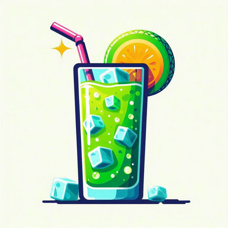 Cocktail glass with ice cubes and straw. Vector illustration.のイラスト素材